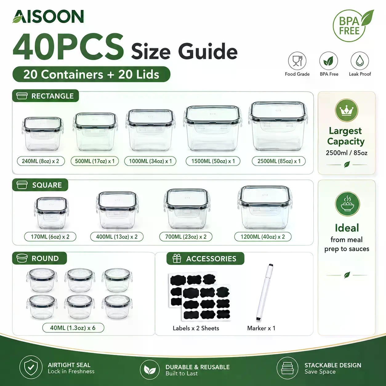 40 PCS Extra Large 85oz Silico - Meal Prep Containers recension och pris